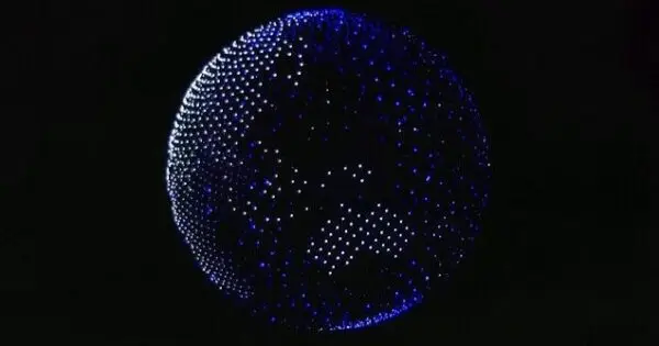 Illuminated sphere with blue and white lights