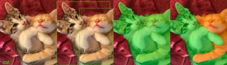 Two kittens cuddling on a soft blanket.