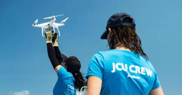 Person flying a drone under clear blue sky.