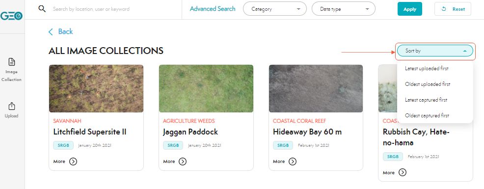 Sort by date uploaded feature on GeoNadir