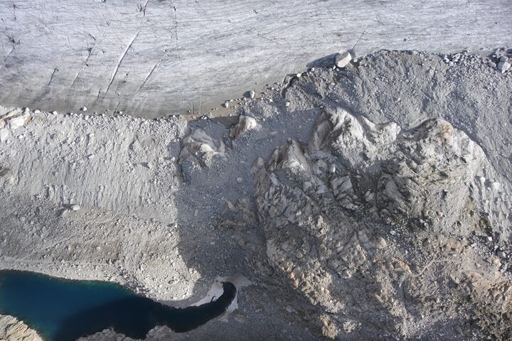 Nadir view of glaciers and lake