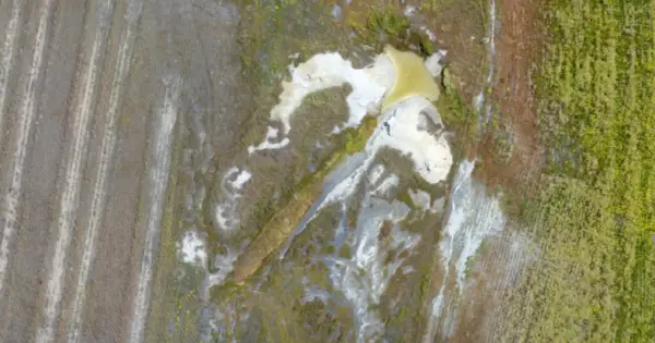 Aerial view of uneven farmland with patches.
