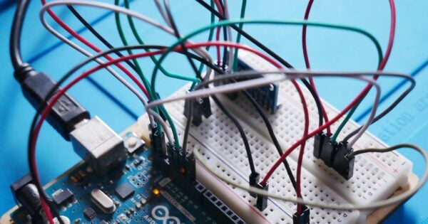 Wires connected to an Arduino and breadboard.