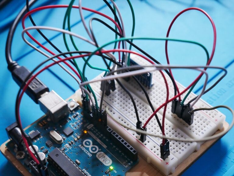 Wires connected to an Arduino and breadboard.