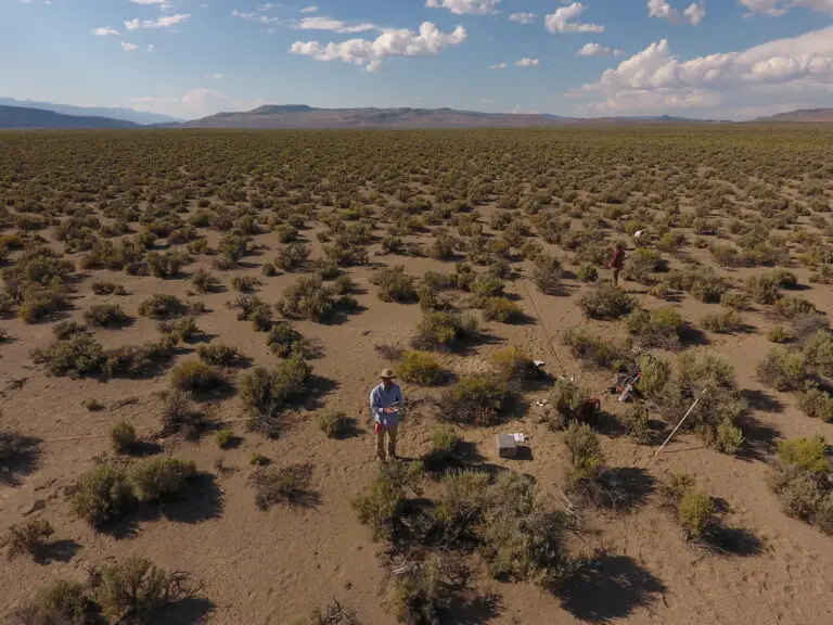 Aerial view of researchers in a desert landscape.