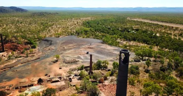 Aerial view of an abandoned mining site.