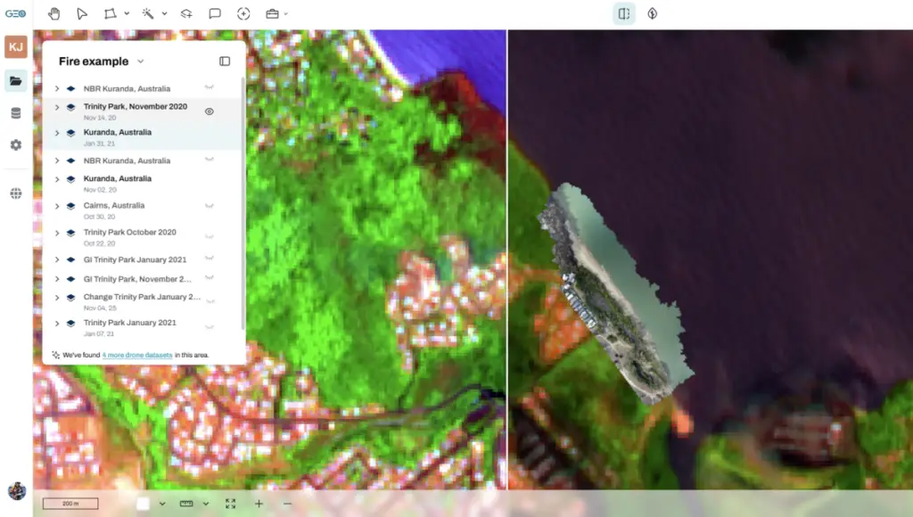 Satellite map of Kuranda, Australia with data overlay.