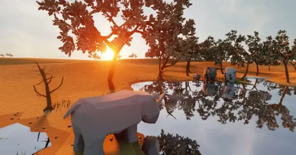 Low-poly elephants by water at sunset.
