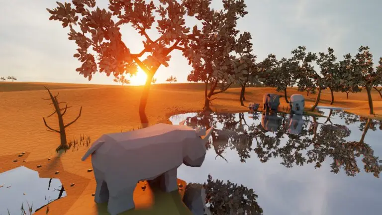 Low-poly elephants by water at sunset.
