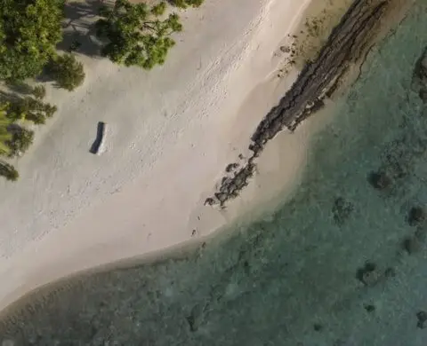 Aerial view of a sandy beach and water.