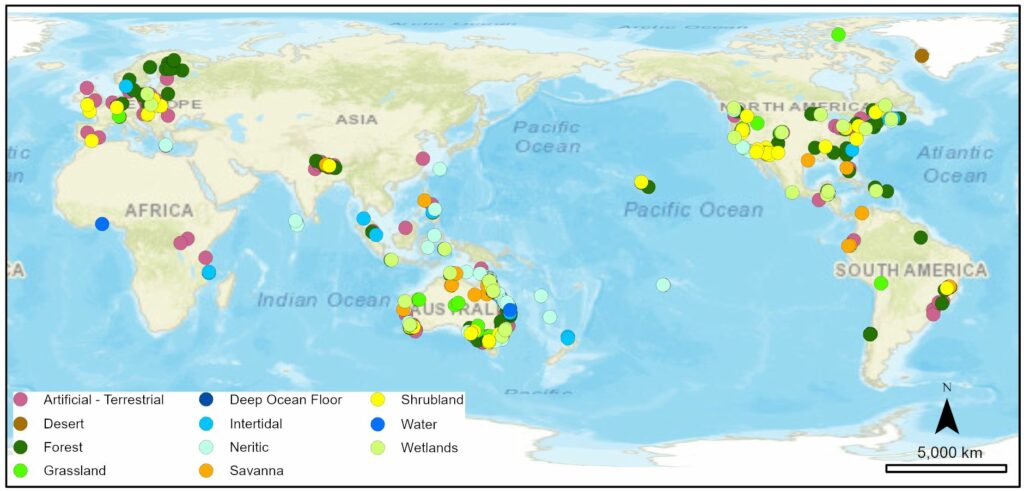 Map of the world with coloured dots representing where GeoNadir holds drone data. The colour of the dot represents the habitat class to which it belongs