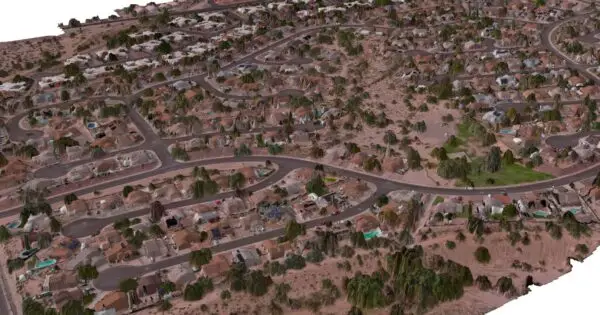 Aerial view of a suburban neighbourhood layout.
