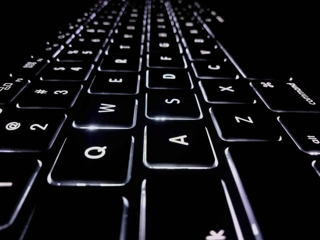 Illuminated keyboard keys in dark setting