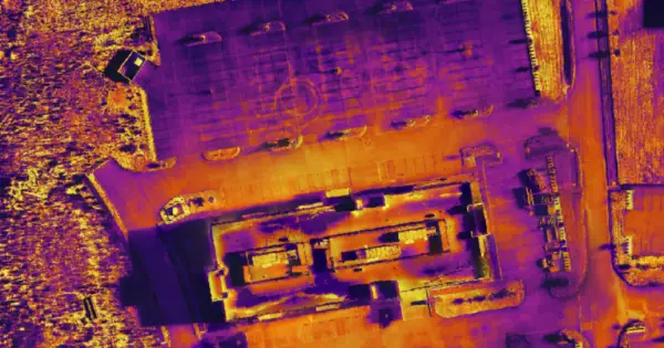 Aerial thermal view of a parking lot.