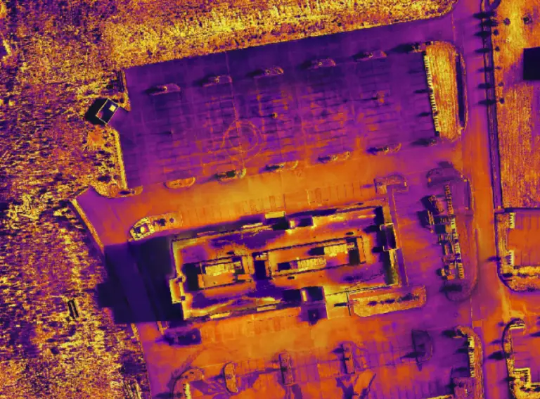 Aerial thermal view of a parking lot.