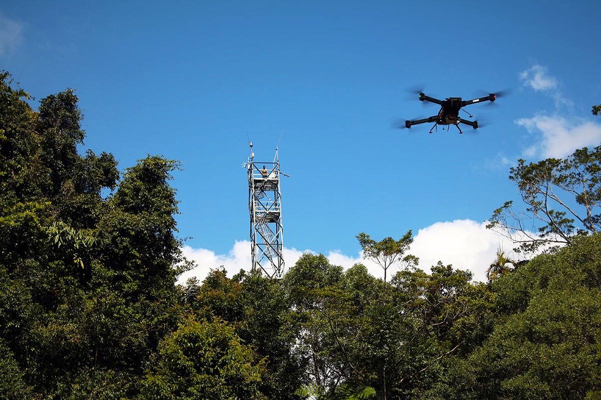 drone flying over trees collecting earth observation data