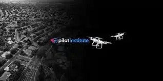 Drones flying over a city skyline at dusk.