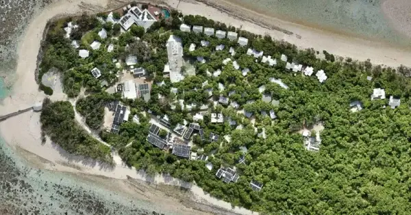 Aerial view of a lush island resort.
