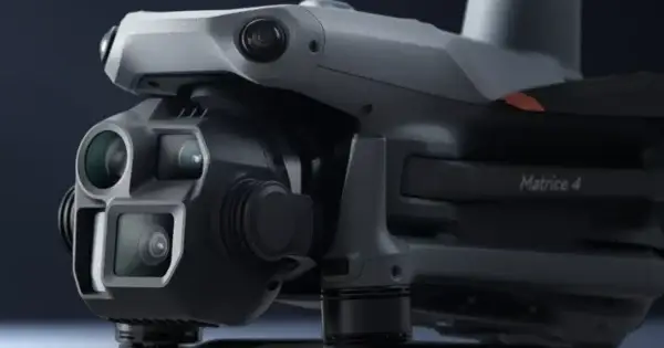 Close-up of a drone with advanced camera features.