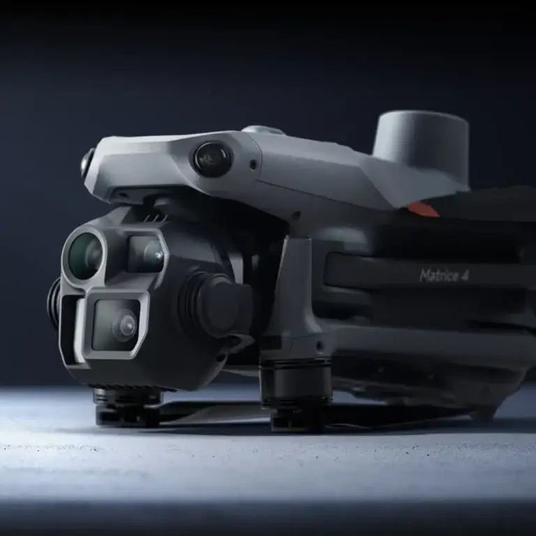 Close-up of a drone with advanced camera features.