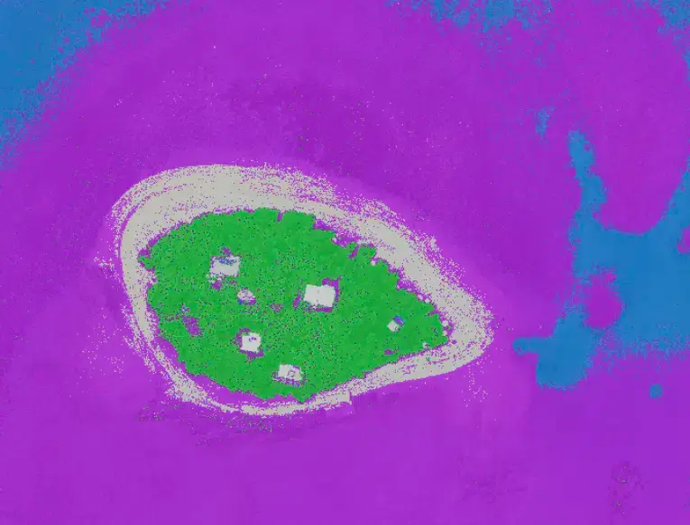 Aerial view of a green island with buildings.