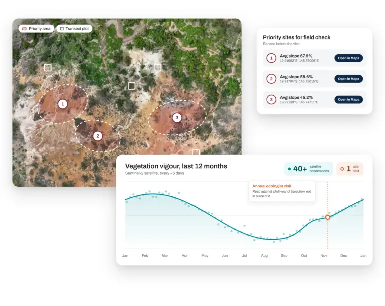 Satellite map showing three ranked priority field-check sites