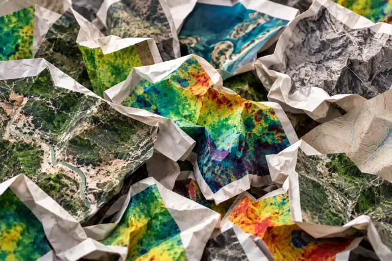 Crumpled aerial maps and colourful terrain prints